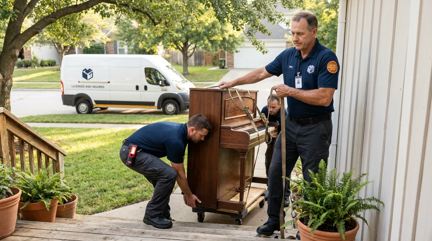 Licensed piano movers securing grand piano in Dillon, SC