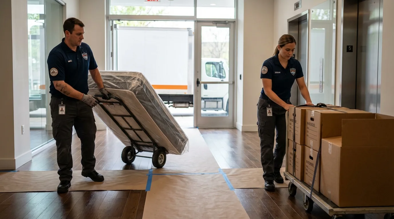 Professional apartment movers loading elevator in Dillon, SC